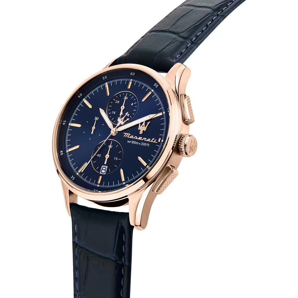 Orologio Maserati Sorpasso Chrono 42 Mm Pvd Oro Rosa Pelle Blu