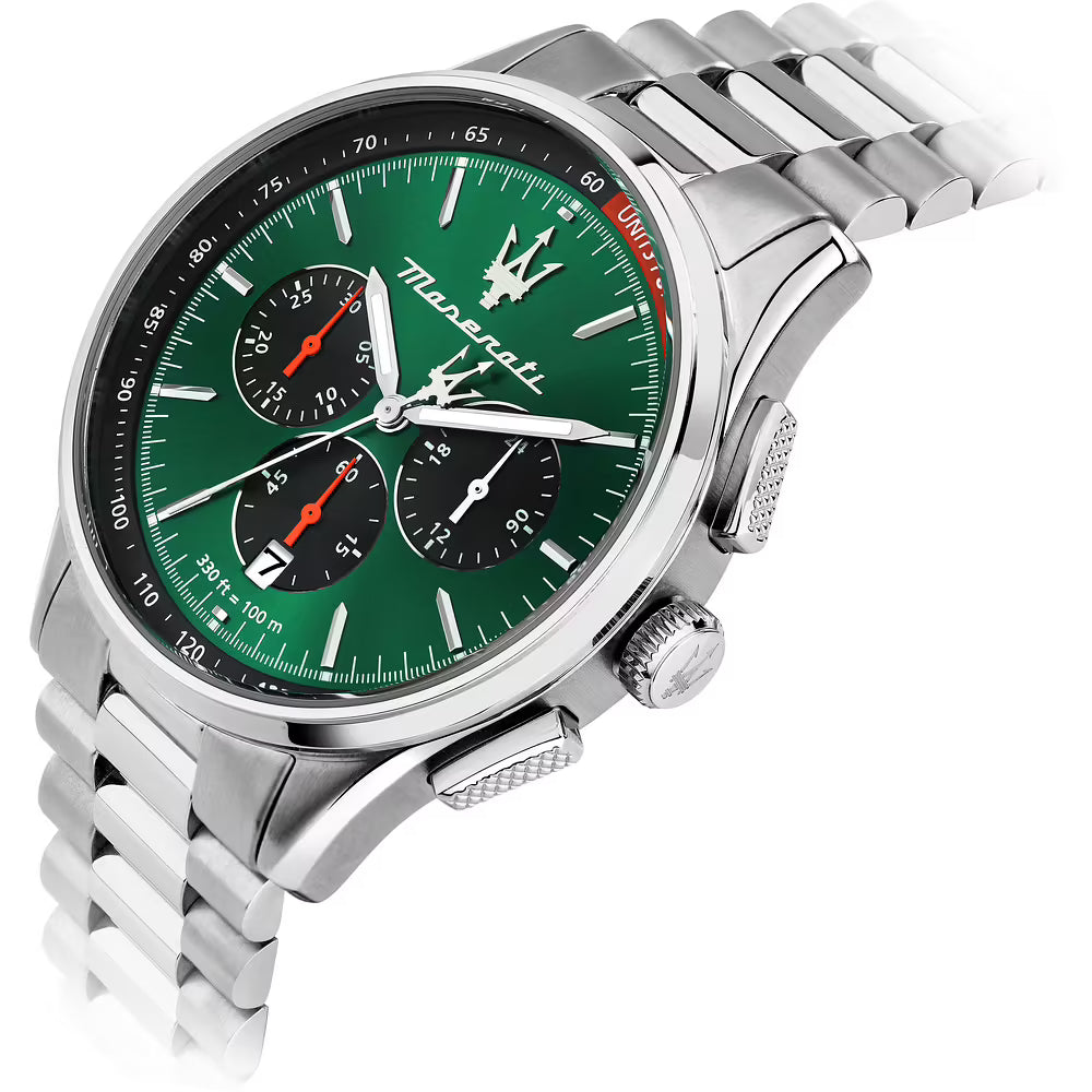 Confezione Speciale Orologio Maserati Sorpasso Chrono 42 Mm Acciaio Braccialato + Cinturino Pelle Nera
