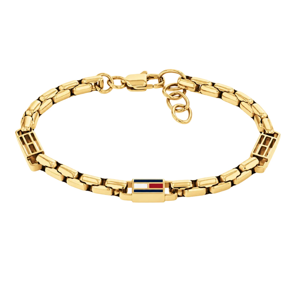 Bracciale Uomo Tommy Hilfiger 3Dflm Pvd Oro con 2 Elementi Traforati + 1 con Logo Smaltato