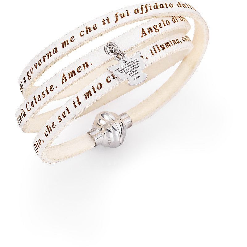 Bracciale Amen Angelo Di Dio Pelle Bianca Sfera Argento e Charm Angelo