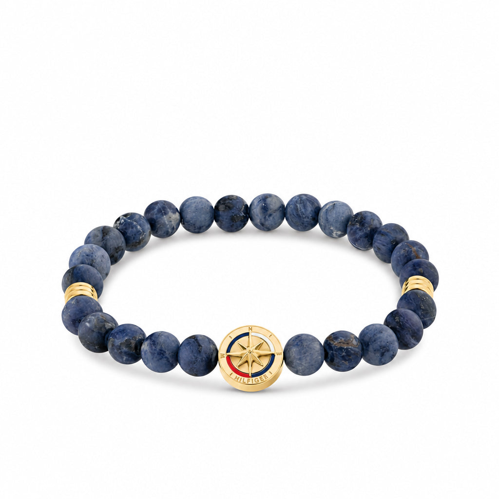 Bracciale Uomo Tommy Hilfiger Compass Elasticizzato A Sferette Blu Con Rosa Dei Venti Centrale