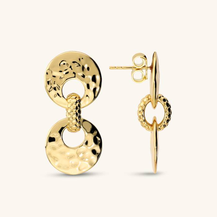Orecchini Pendenti Etrusca Doppio Disco Finitura Martellata e Pallinata Lega Golden Placcata Oro 18 kt
