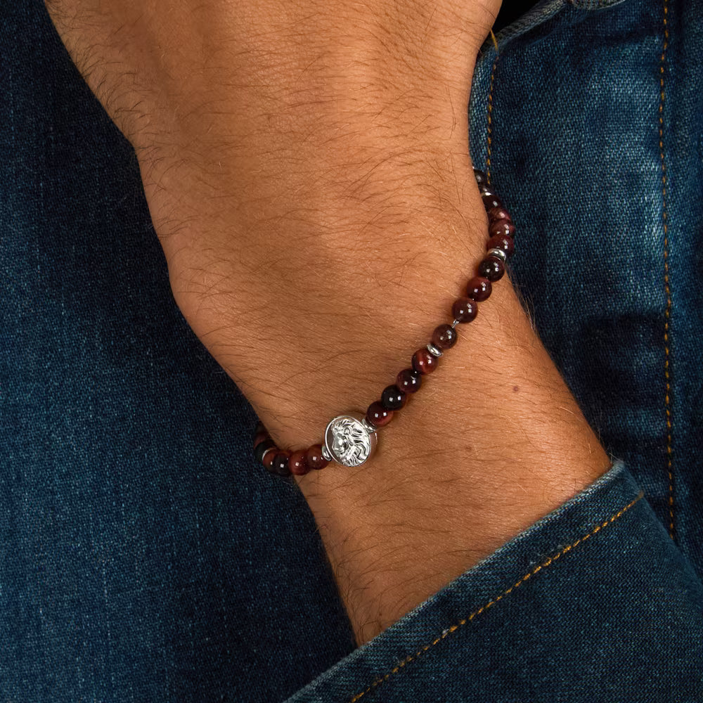 Bracciale Uomo Morellato Amuleti Acciaio Sferette Occhio Di Tigre Elemento Centrale Leone