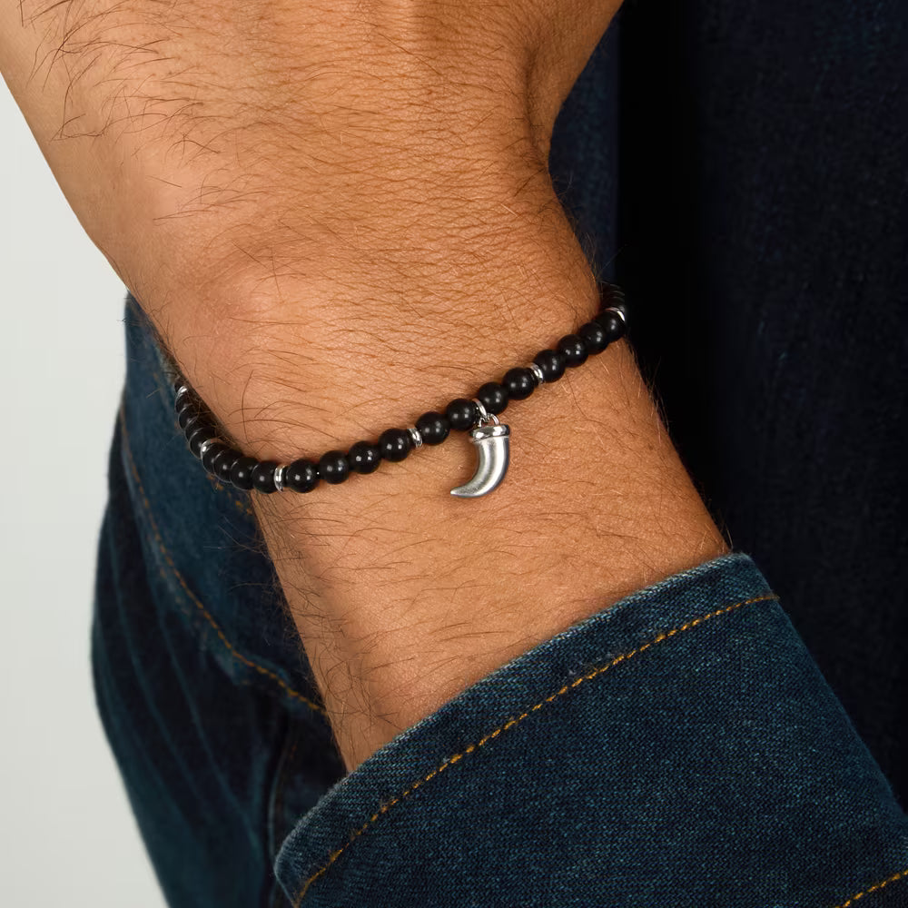 Bracciale Uomo Morellato Amuleti Acciaio Sferette Ossidiana Charm Corno Satinato