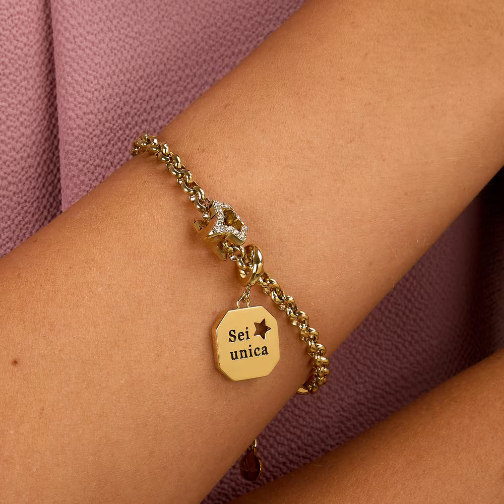 Bracciale Morellato Drops Rolò Pvd Oro Charm Piastrina Scritta "Sei Unica" Stella Passante Cristalli