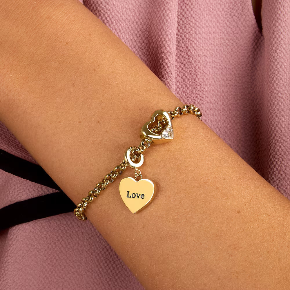 Bracciale Morellato Drops Rolò Pvd Oro Charm Cuore Scritta "Love" Passante Cristallo