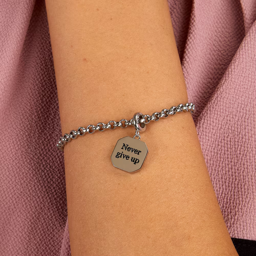 Bracciale Morellato Drops Rolò Acciaio Charm Quadrato Scritta "Never Give Up"