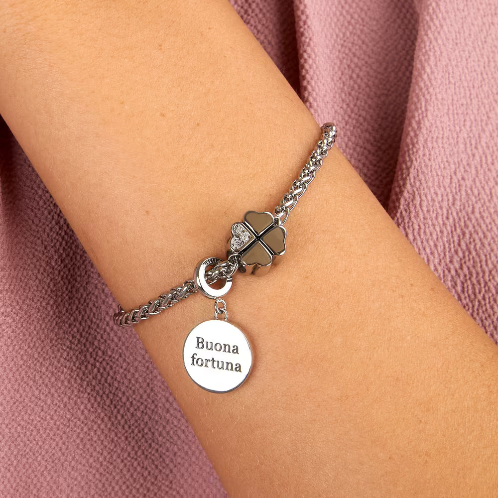 Bracciale Morellato Drops Rolò Acciaio Charm Tondo Scritta "Buona Fortuna" Quadrifoglio Passante Cristalli