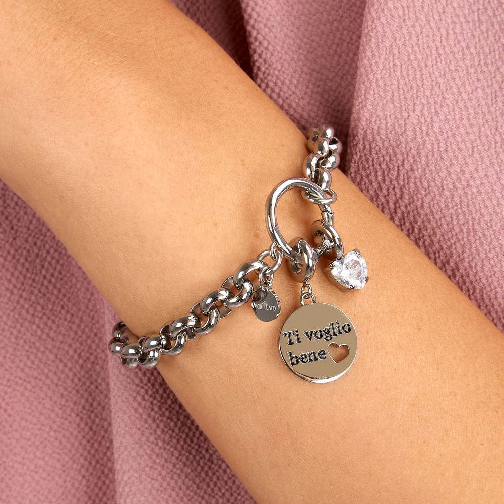 Bracciale Morellato Drops Rolò Acciaio Doppio Charm Scritta "Ti Voglio Bene" + Cristallo Cuore