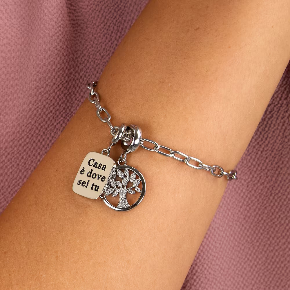 Bracciale Morellato Drops Acciaio Doppio Charm Piastrina Rettangolare Scritta "Casa è Dove Sei Tu"+ Albero Della Vita