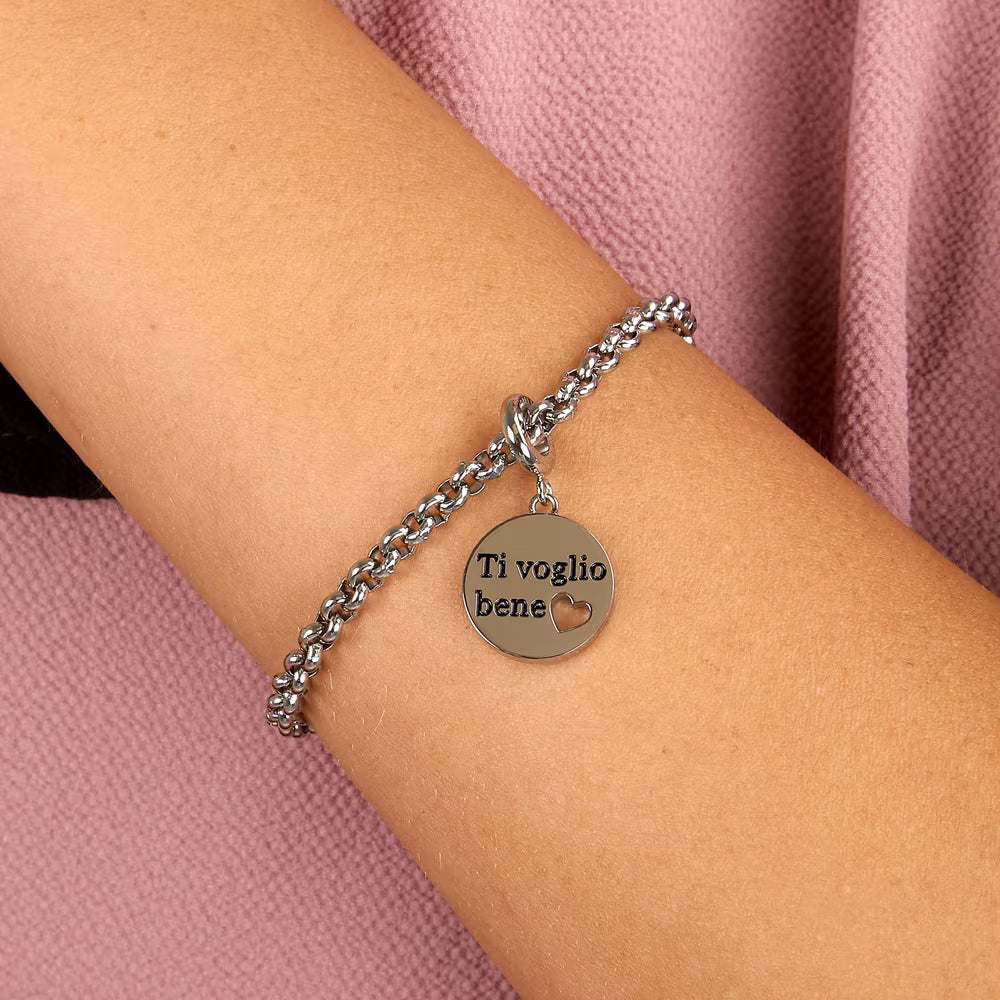Bracciale Morellato Drops Rolò Acciaio Charm Tondo Scritta "Ti Voglio Bene"