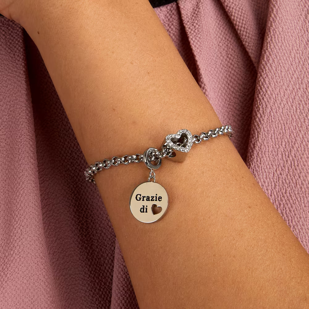 Bracciale Morellato Drops Rolò Acciaio Charm Tondo Scritta "Grazie Di Cuore" Passante Cristalli