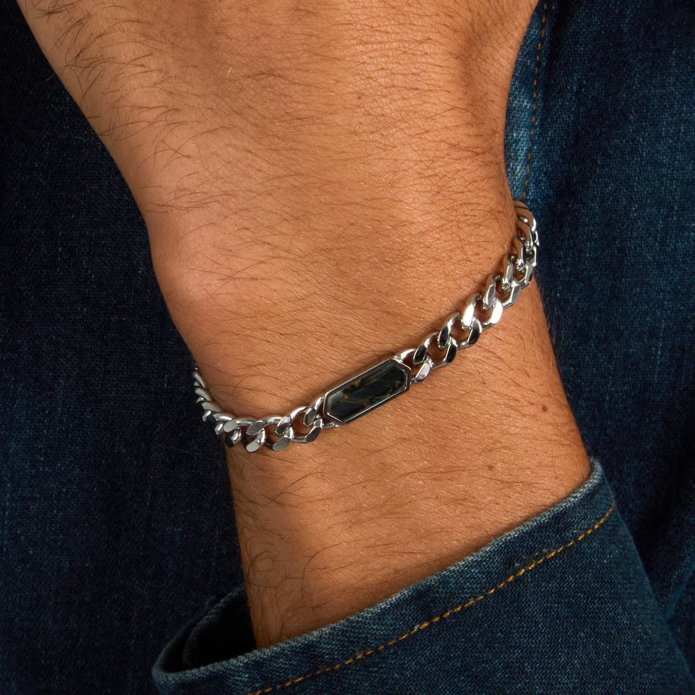 Bracciale Uomo Morellato Terra Acciaio Maglia Grumetta Elemento Esagonale Occhio Di Tigre Scuro