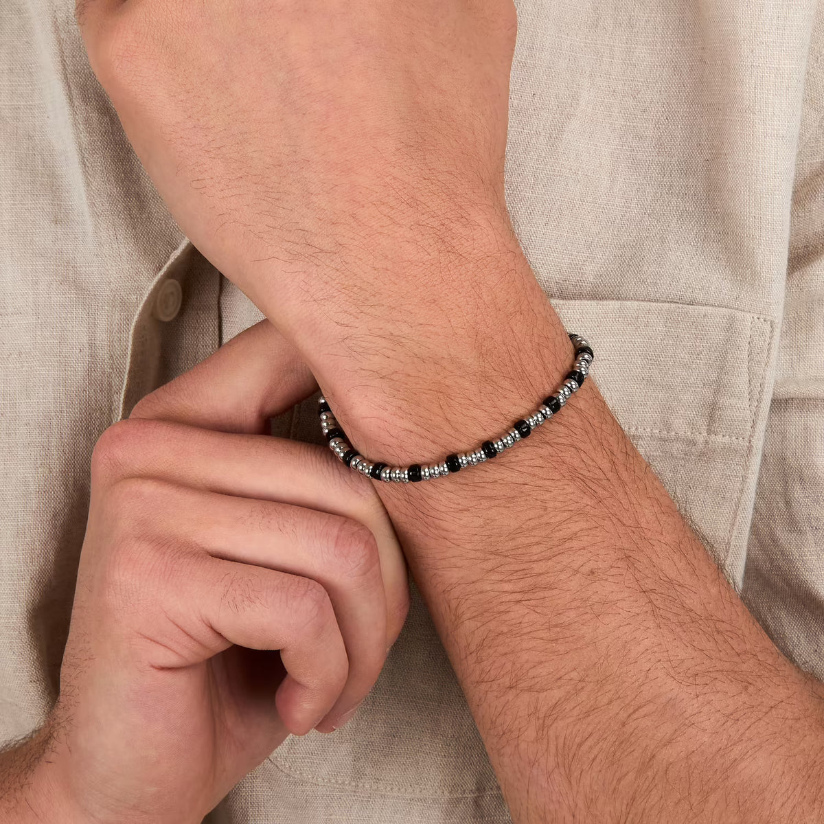 Bracciale Uomo Sector Basic Acciaio Sfere Discoidali Agata Nera/Acciaio