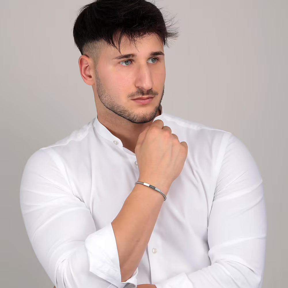 Bracciale Uomo Sector Basic Acciaio Maglia Spiga Intrecciata Con Piastrina Centrale