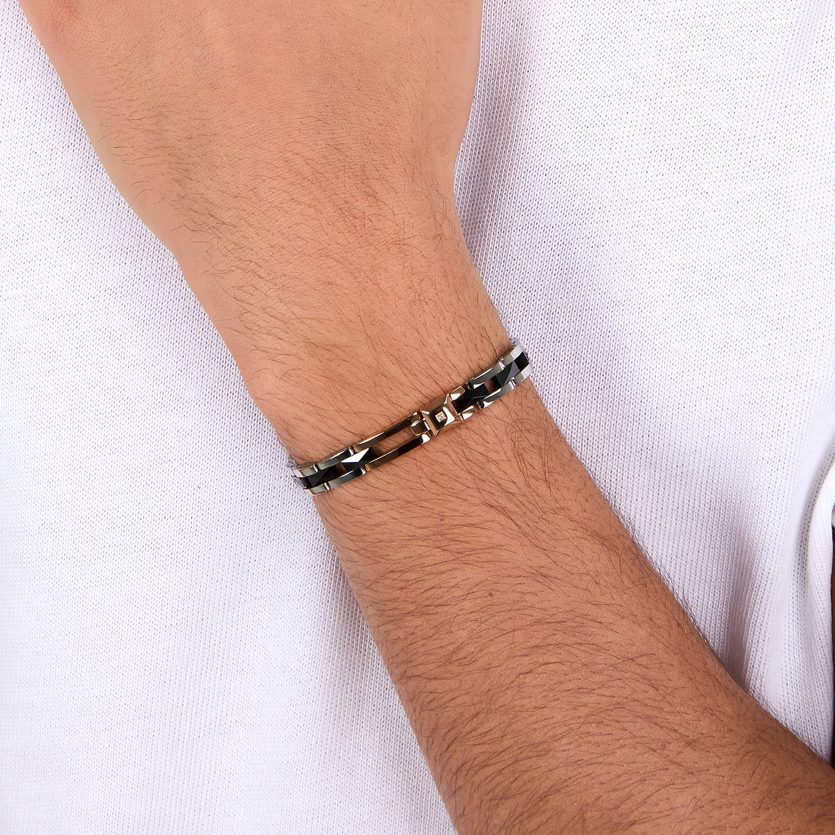Bracciale Uomo Sector Ceramic Acciaio/Ceramica Nera Elemento Rettangolare Pvd Oro Rosa + Diamante