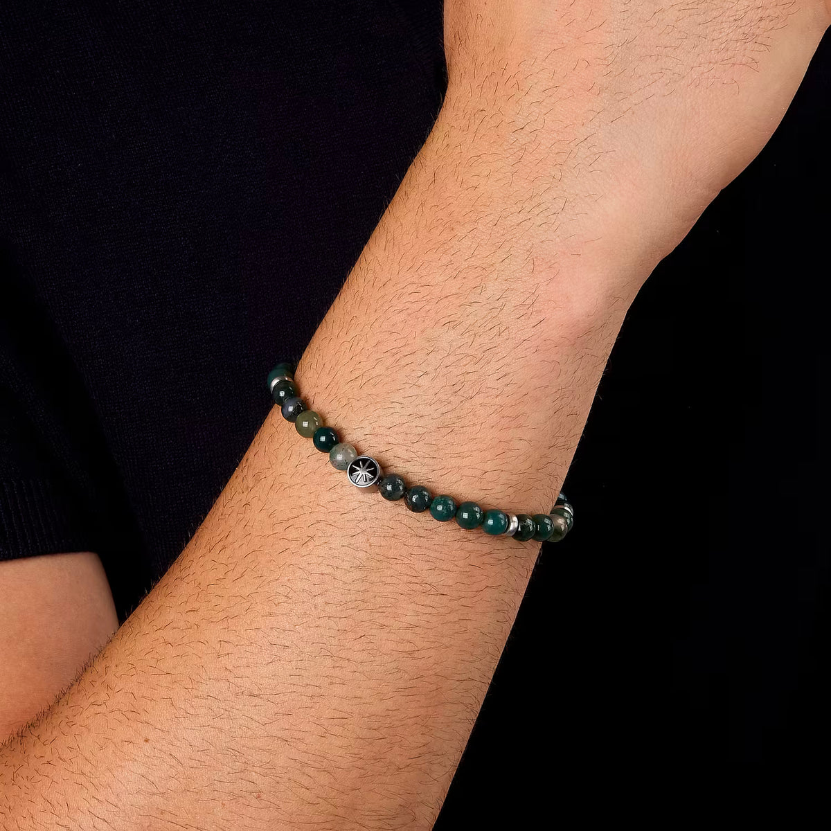 Bracciale Uomo Sector Marine Acciao Sfere Agata Verde Alternata Ad Elementi Discoidali Inserto Rosa Dei Venti