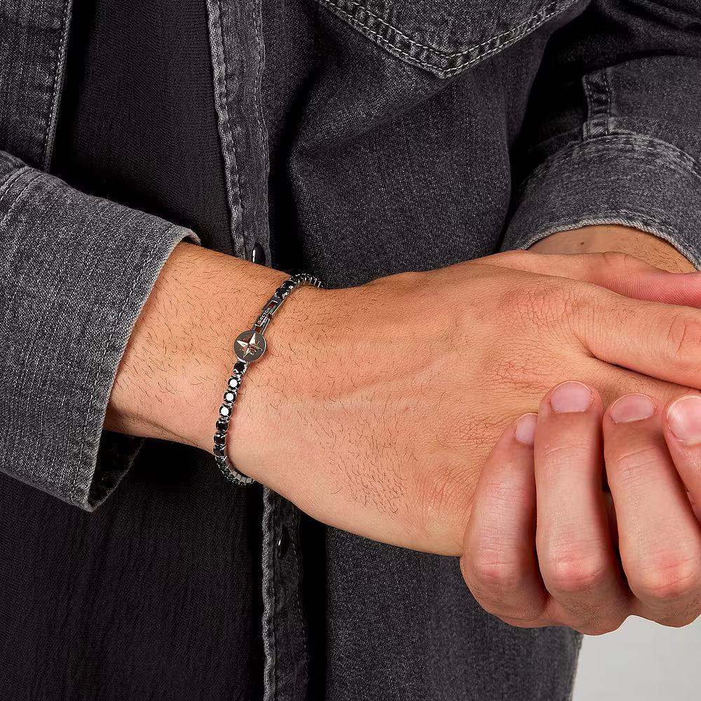 Bracciale Uomo Sector Tennis Acciaio Con Cristalli Neri + Elemento Laterale Rosa Dei Venti in Rilievo Pvd Oro
