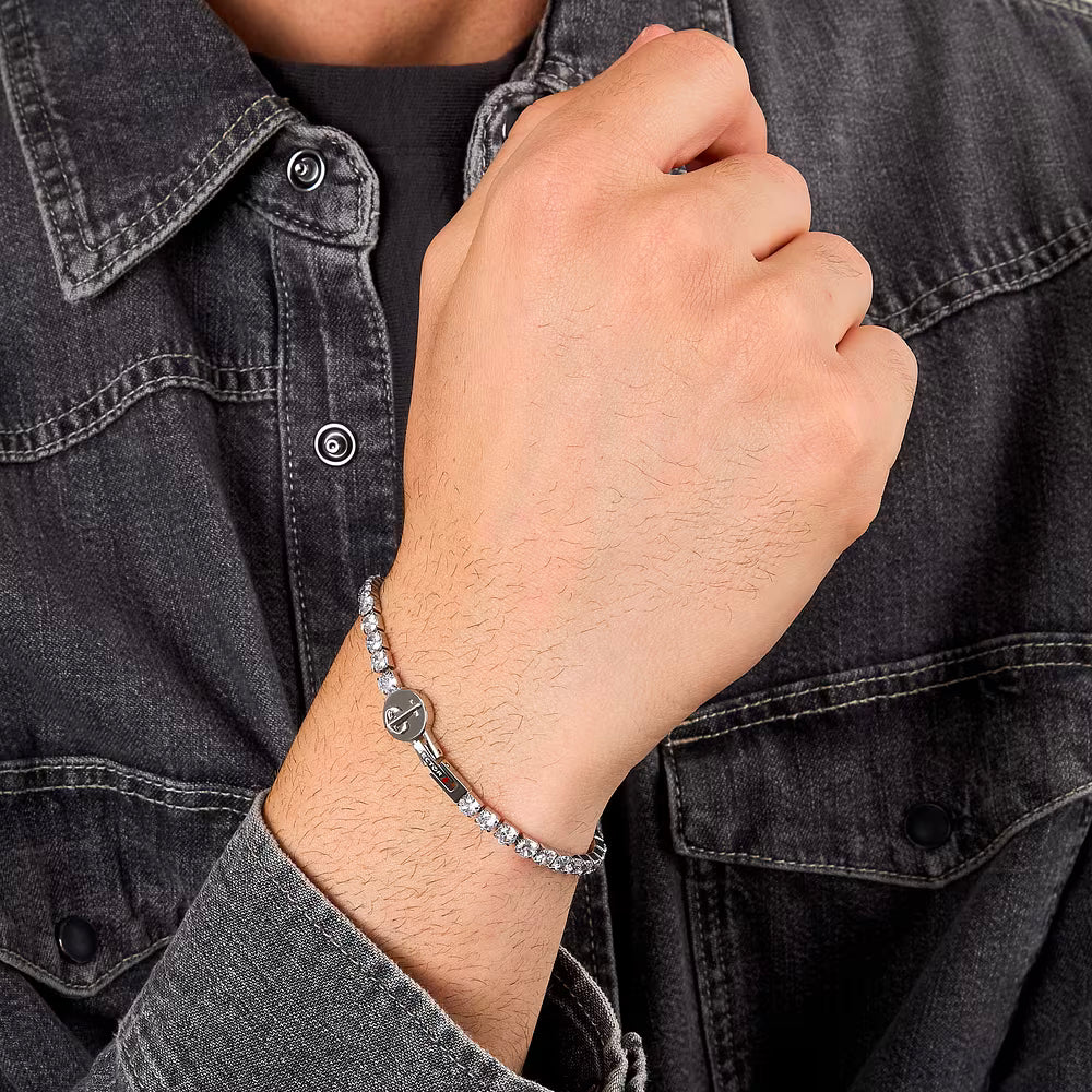 Bracciale Uomo Tennis Sector Acciaio Cristalli Elemento Laterale Tondo Ancora