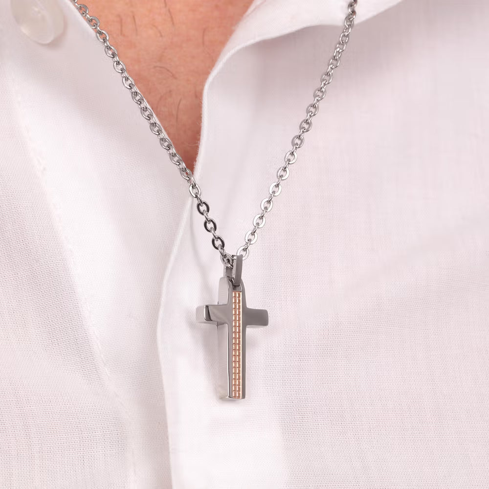 Collana Uomo Morellato Motown Acciaio Pendente Croce Pvd Oro Rosa