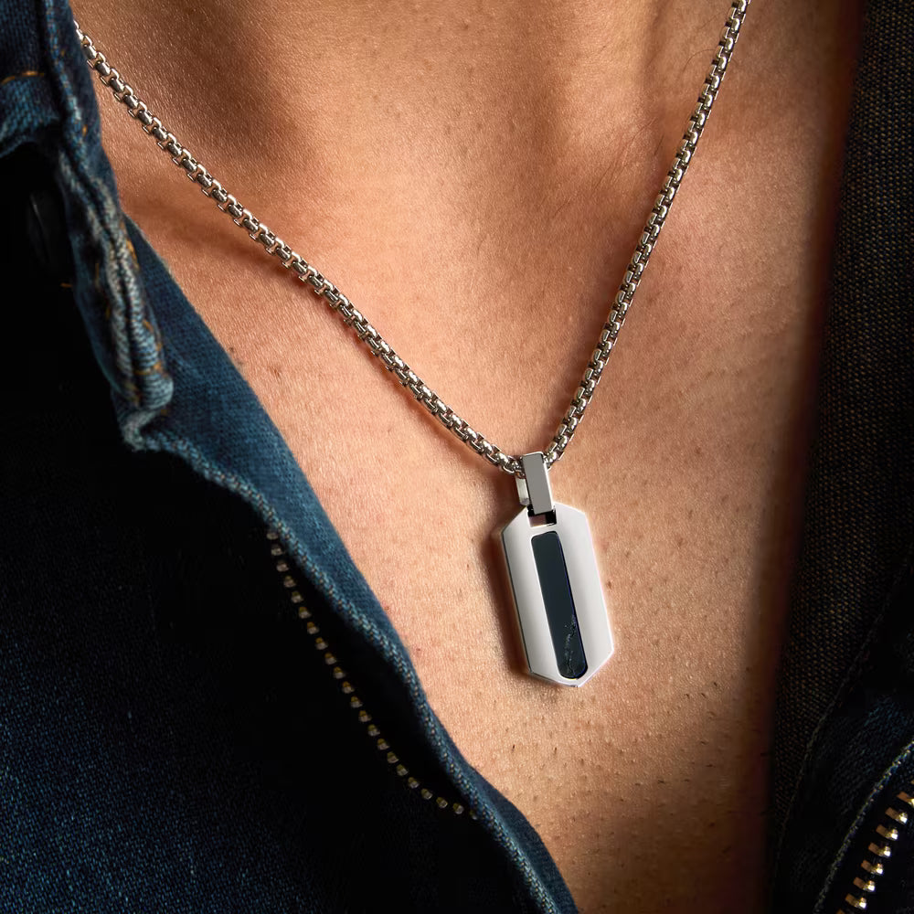 Collana Uomo Morellato Terra Acciaio Pendente Piastrina Esagonale Occhio Di Tigre Scuro