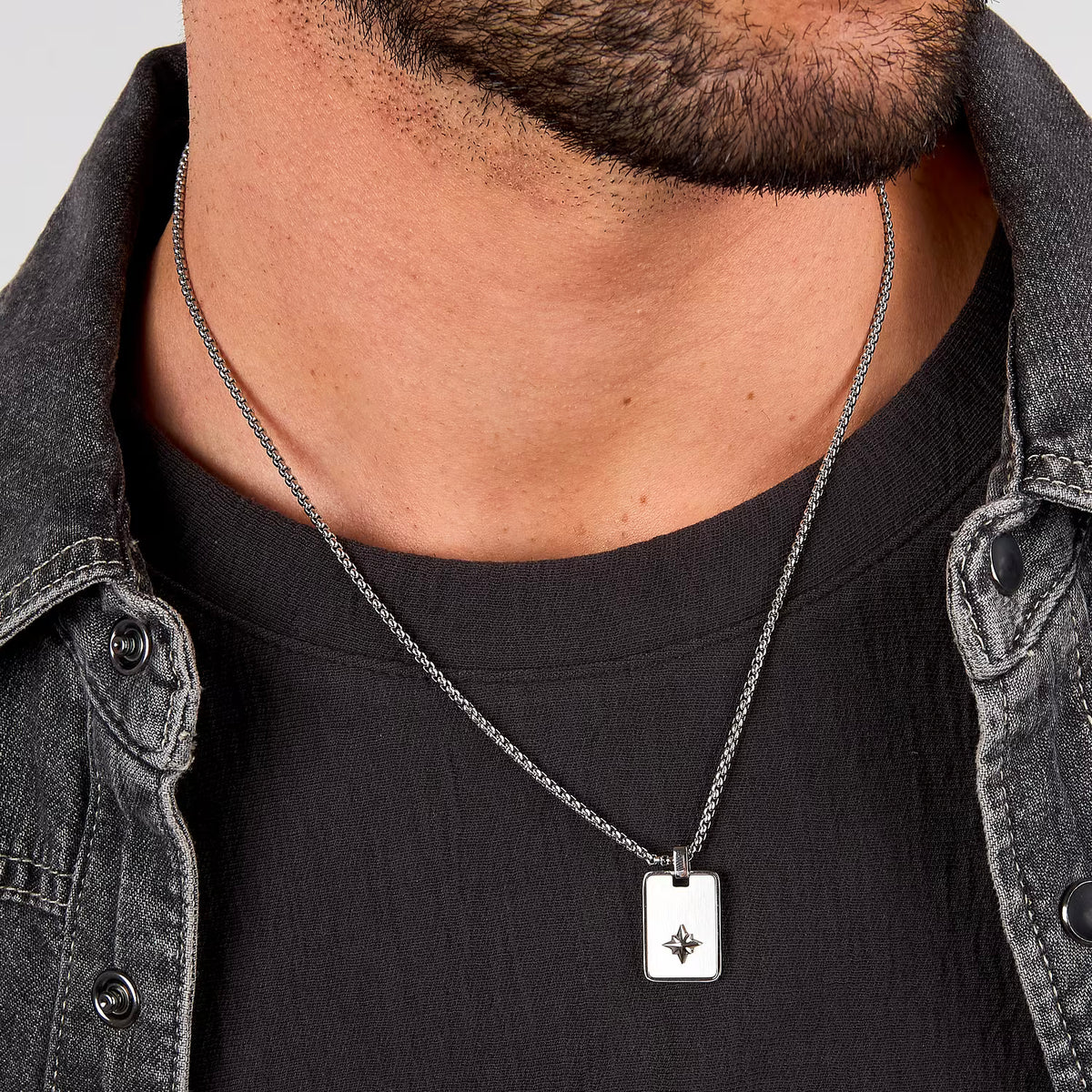Collana Uomo Sector Marine Acciaio Catena Maglia Rolò Quadrata Pendente Piastrina Satinata/Rosa Dei Venti