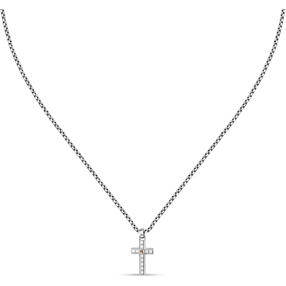 Collana Uomo Sector Spirit A Maglie Tondine Acciaio Con Pendente Croce Quadrettata + Vite Pvd Oro Rosa