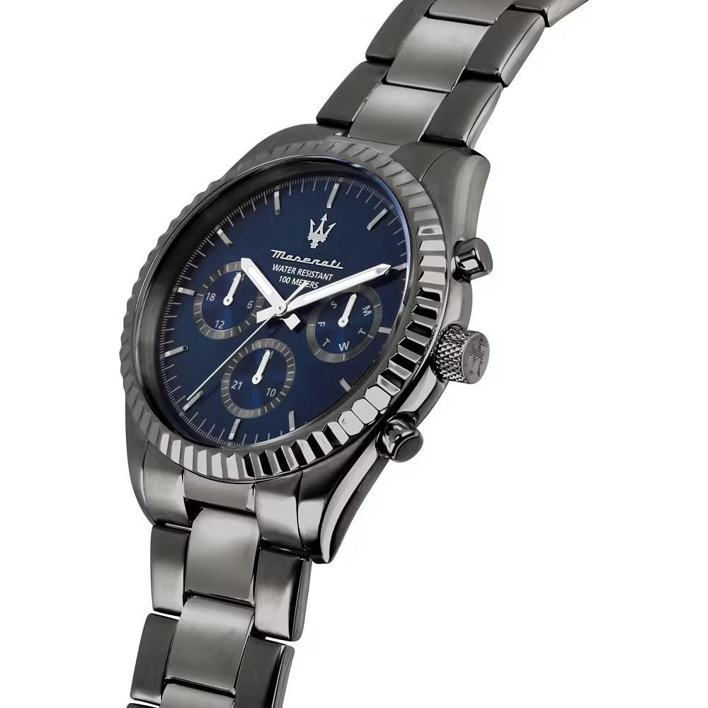 Orologio Maserati Competizione Multifunzione 43 Mm Acciaio Pvd Nero Braccialato Quadrante Blu