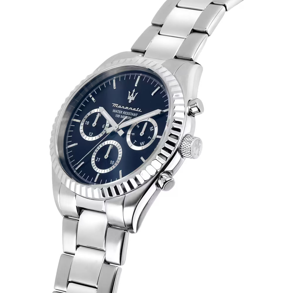 Orologio Maserati Competizione Multifunzione 43 Mm Acciaio Braccialato Quadrante Blu