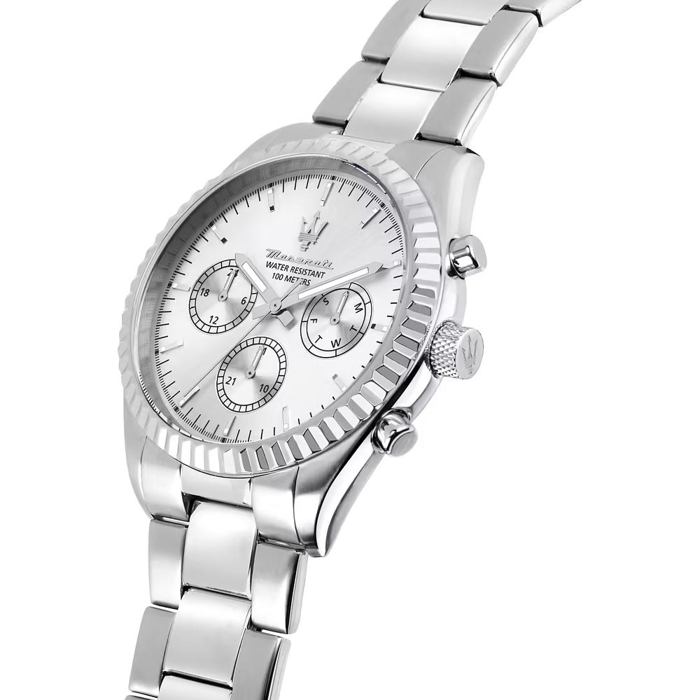 Orologio Maserati Competizione Multifunzione 43 Mm Acciaio Braccialato Quadrante Silver