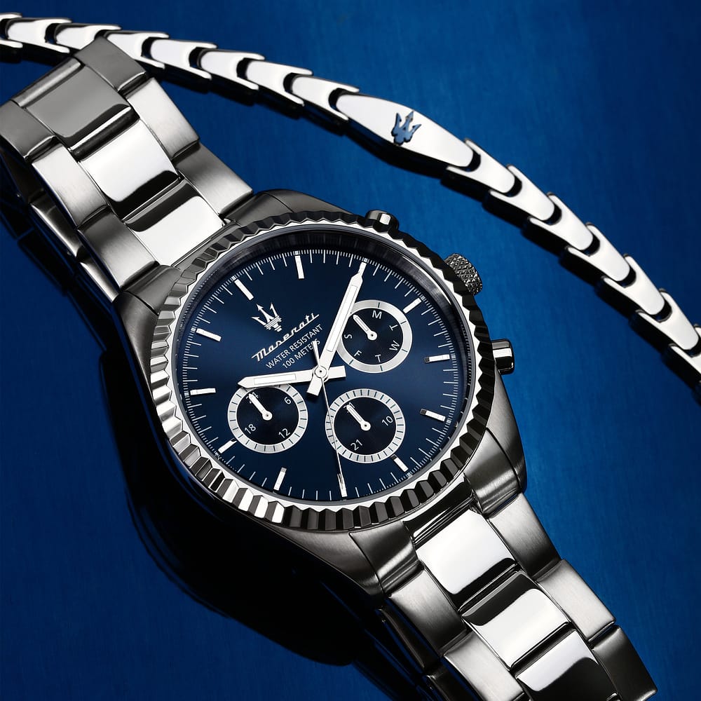 Confezione Speciale Orologio Maserati Competizione 43 Mm Acciaio Braccialato Quadrante Blu + Bracciale Acciaio