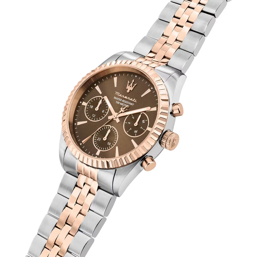 Orologio Maserati Competizione Multifunzione 41 Mm Acciaio/Pvd Oro Rosa Braccialato Quadrante Marrone