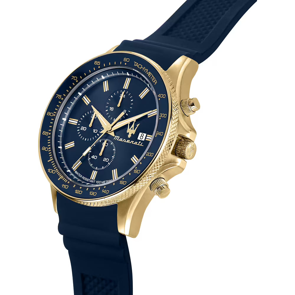 Orologio Maserati Sfida Chrono 44 Mm Pvd Oro Silicone Blu