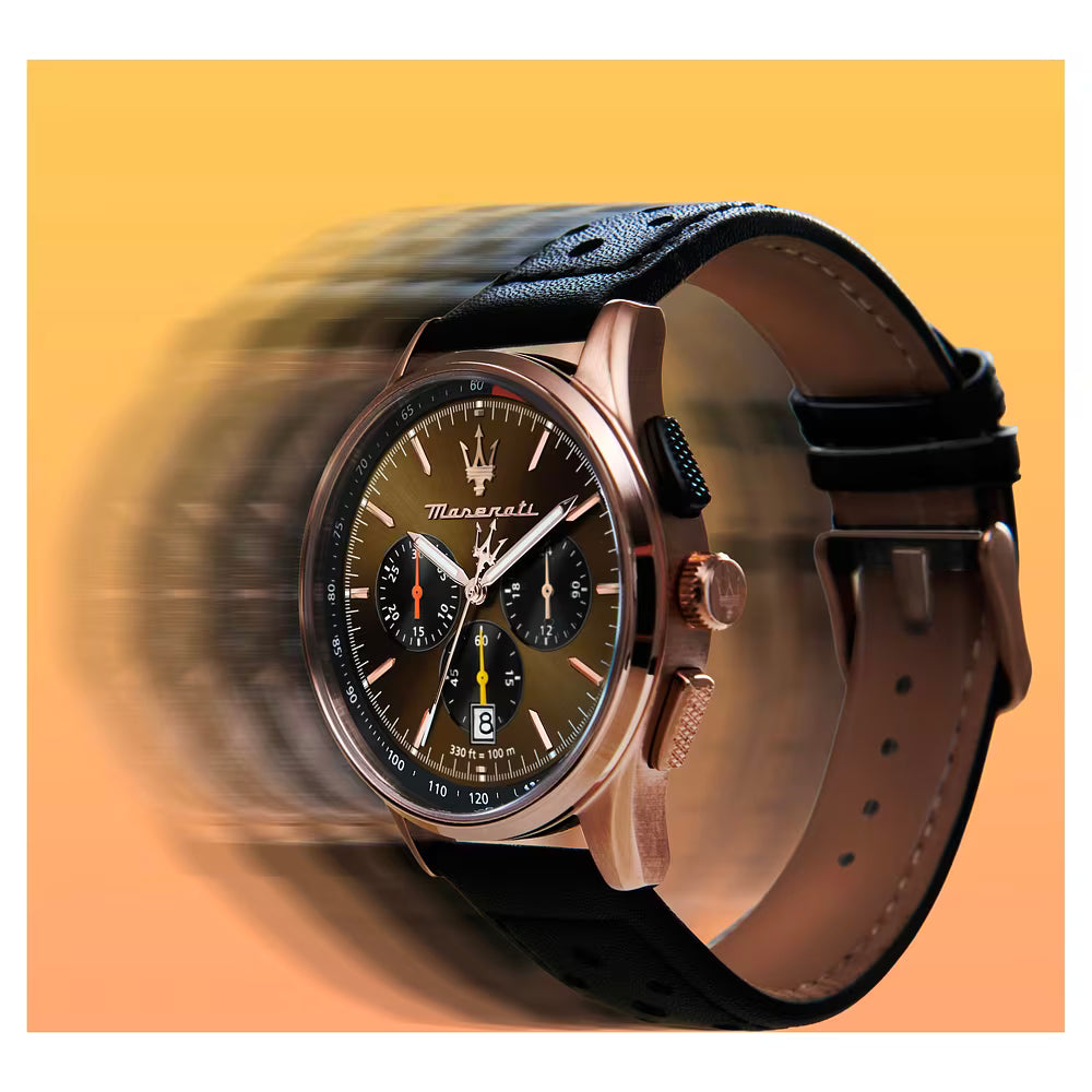 Orologio Maserati Sorpasso Chrono 42 Mm Pvd Oro Rosa Pelle Nera
