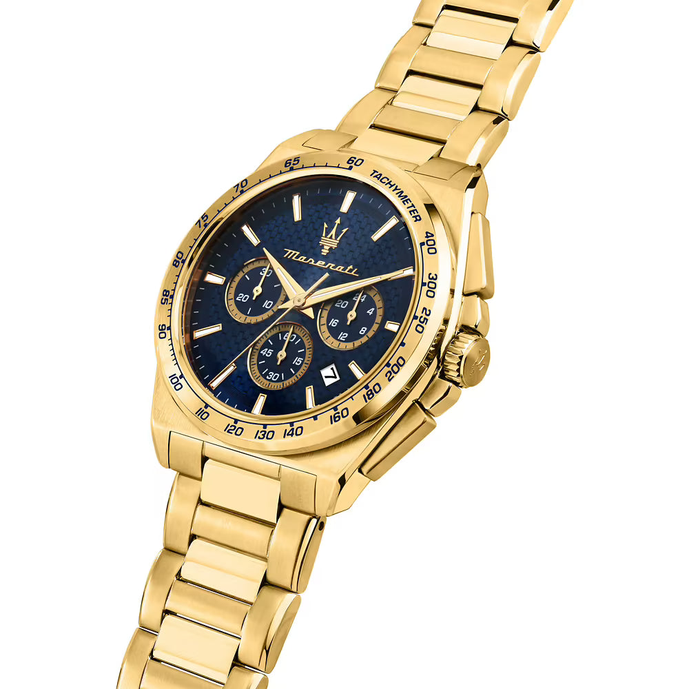 Orologio Maserati Velocità 43 mm Chrono Acciaio Pvd Oro Braccialato Quadrante Blu