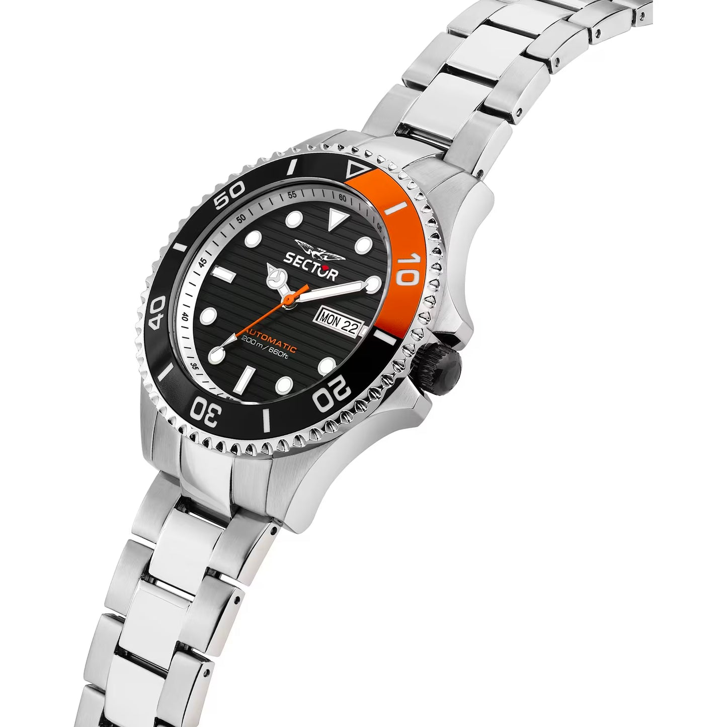 Confezione Speciale Orologio Sector 230 43 mm Automatico Acciaio Braccialato + Cinturino in Gomma Nero Arancione