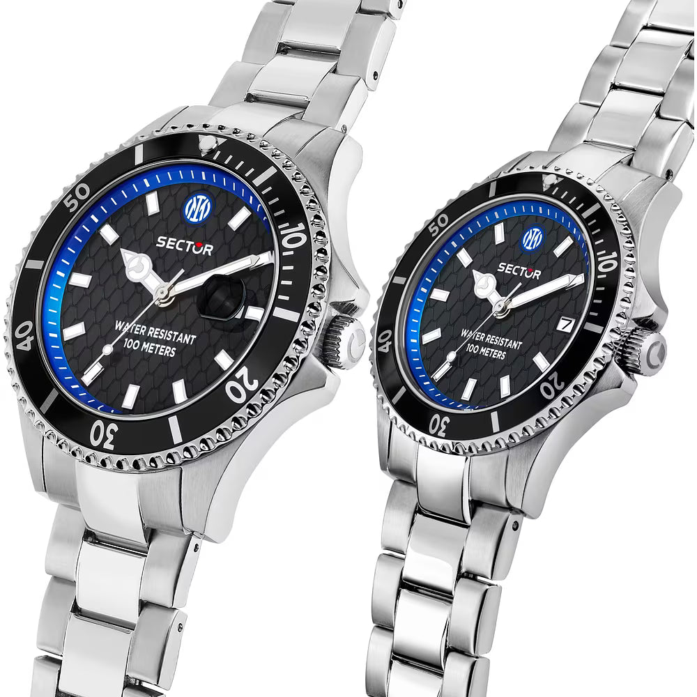Confezione Speciale 2 Orologi Sector Uomo 43 mm e Donna 35 mm 230 Inter Acciaio Braccialato Nero/Blu