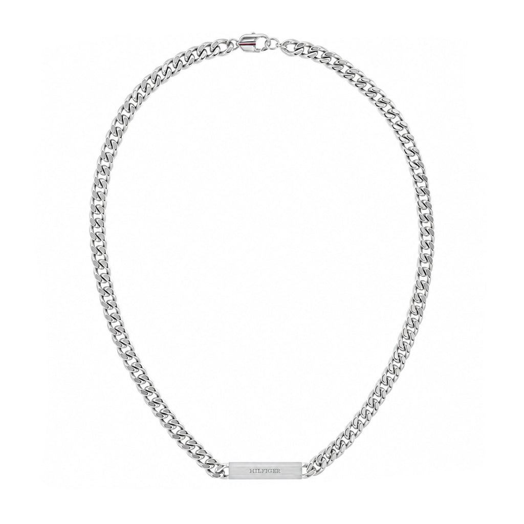 Collana Uomo Tommy Hilfiger Clash Acciaio Catena Maglia Grumetta Piastrina Centrale Con Logo Satinato