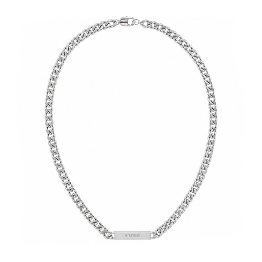 Collana Uomo Tommy Hilfiger Clash Acciaio Catena Maglia Grumetta Piastrina Centrale Con Logo Satinato