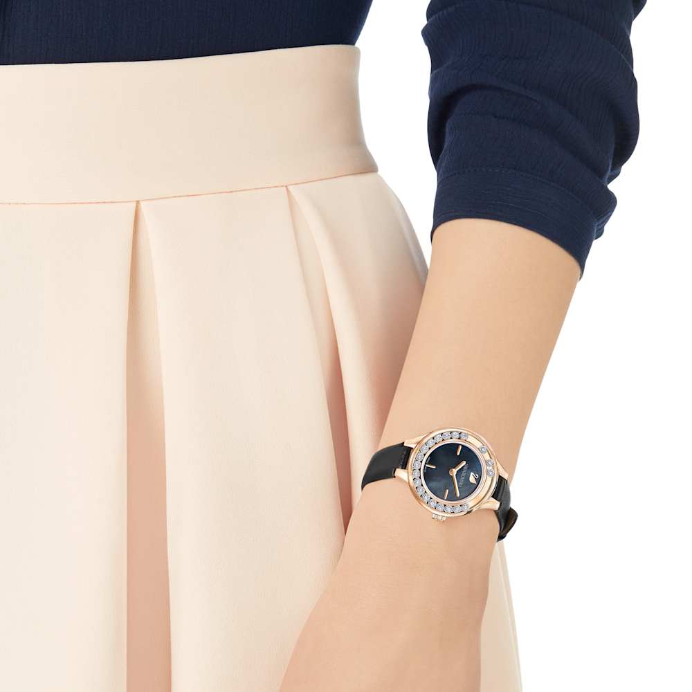 Orologio Swarovski Lovely Crystals Mini Pvd Oro Rosa Nero Cinturino Pelle Cristalli Girevoli