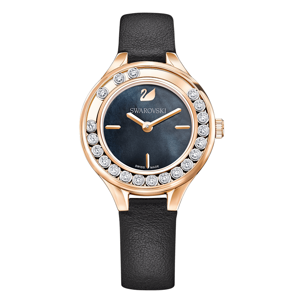 Orologio Swarovski Lovely Crystals Mini Pvd Oro Rosa Nero Cinturino Pelle Cristalli Girevoli