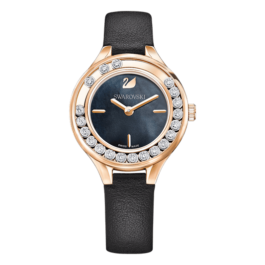 Orologio Swarovski Lovely Crystals Mini Pvd Oro Rosa Nero Cinturino Pelle Cristalli Girevoli
