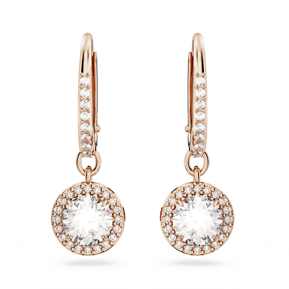Orecchini Pendenti Swarovski Una Angelic Taglio tondo Pavé Bianchi Finitura oro rosa 18 Kt