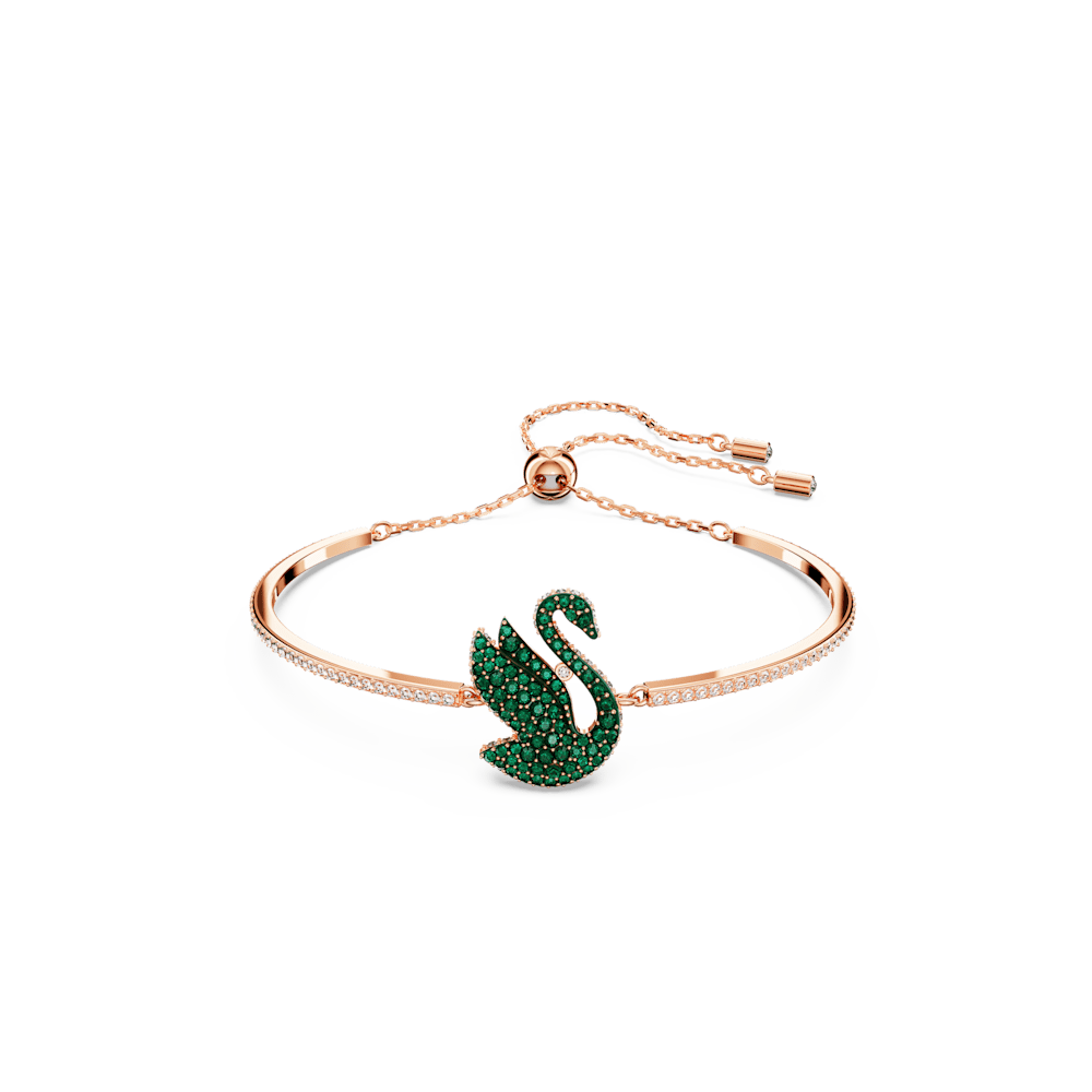 Bracciale Rigido Swarovski Iconic Swan Pvd Oro Rosa Cristalli Bianchi Verdi