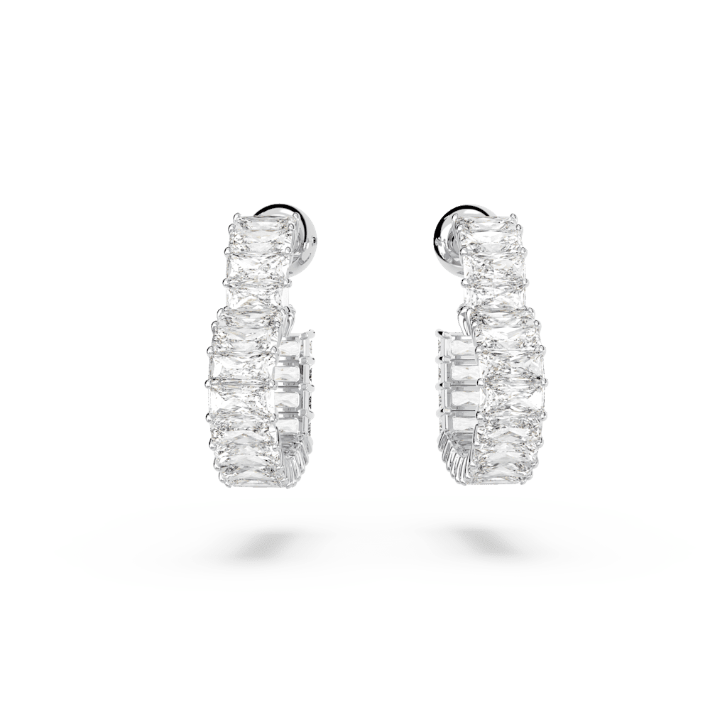 Orecchini a cerchio Swarovski Matrix, Taglio baguette, Cuore, Piccoli, Bianchi, Placcato rodio