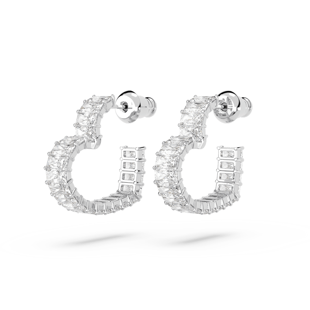 Orecchini a cerchio Swarovski Matrix, Taglio baguette, Cuore, Piccoli, Bianchi, Placcato rodio
