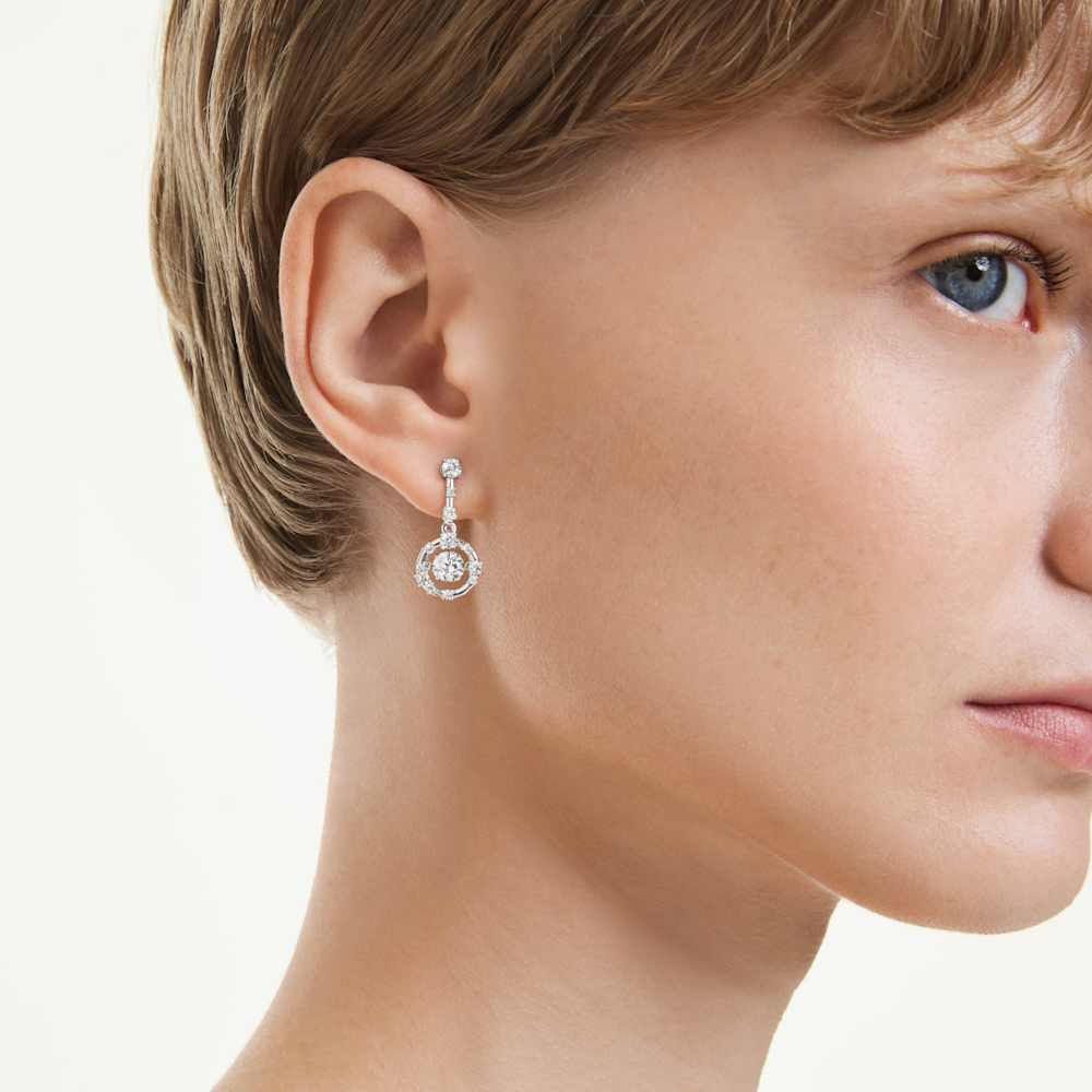 Orecchini Pendenti Swarovski Constella Taglio Round Dancing stone Bianchi Placcato Rodio