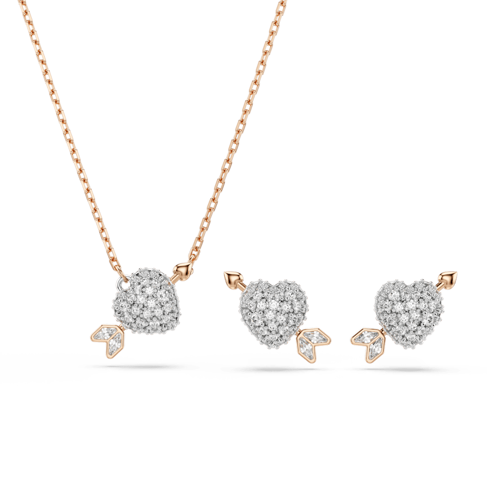 Set Collana + Orecchini Swarovski Idyllia Taglio misto Cuore con freccia Bianco Finitura oro rosa 18 Kt