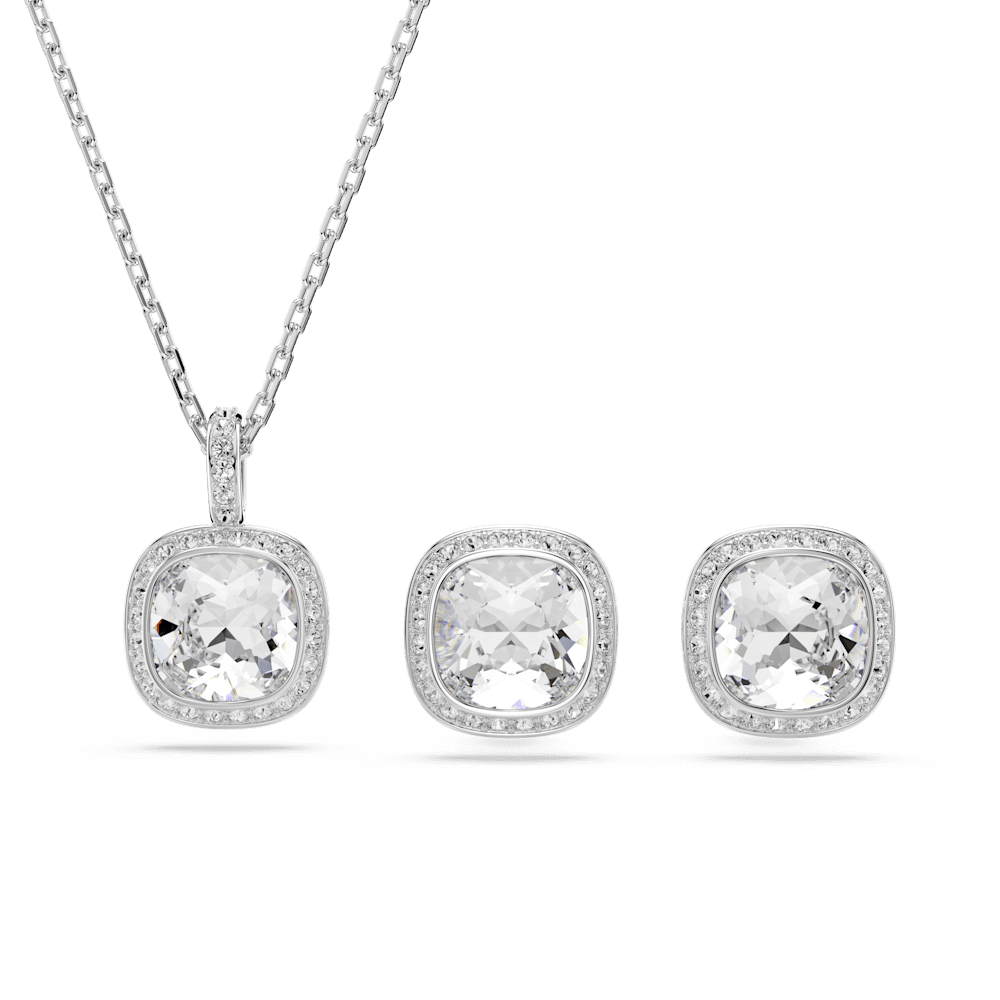 Set 2 Pezzi Swarovski Orecchini + Collana Una Angelic Taglio Cushion Bianco Placcato Rodio