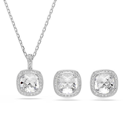 Set 2 Pezzi Swarovski Orecchini + Collana Una Angelic Taglio Cushion Bianco Placcato Rodio